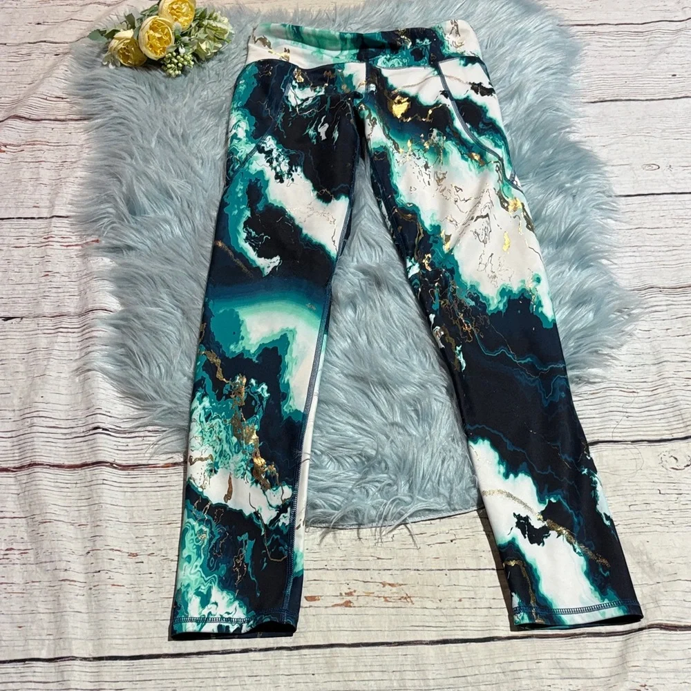 Old Navy Kids Powersoft Teal and Black Marble Leggings sz XL
